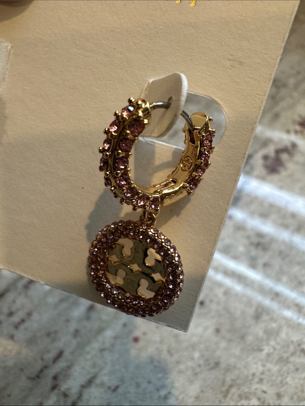 Tory Burch Pink Crystal Logo Drop Earrings - Picture 3 of 3
